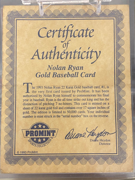 Nolan Ryan 22 Karat Gold Plated Card Numbered with COA